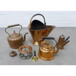 Collection of copper items to include a helmet shaped coal bucket, two kettles, hot chocolate pot