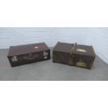 Wooden bound cabin trunk and a vintage brown leather suitcase, 34 x 77 x 50cm (2)
