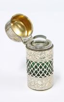 Edwardian silver scent bottle with internal green glass and original stopper, Sydney & Co,