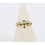 Edwardian 18ct gold pearl and demantoid garnet dress ring, Birmingham 1908