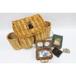 Wicker fishing creel basket, miniature picnic basket and teaset, beadwork purse and Hans Andersen