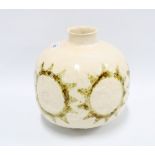 Studio pottery vase, globular with dimpled effect, painted with sunburst motifs, monogram to base