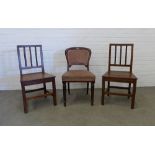 Pair of oak hall chairs together with a Victorian rosewood chair with upholstered seat and back.