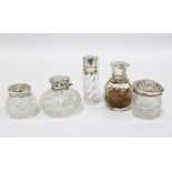 Two silver mounted glass scent bottles and three silver mounted glass jars, circa late 19th /