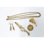 9ct gold brooch, pair of 9ct gold earrings, 9ct gold wristwatch on 9ct gold strap, and a yellow