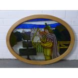 Oval stained glass in an oak frame, with a medieval style figure scene, 67 x 50cm