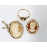 9ct gold Cameo brooch with pendant fitting, another with indistinct marks and a 9ct gold Cameo