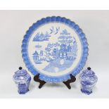 Copeland Willow pattern circular tray and a pair of Cauldon blue and white vases with lids, (3)38cm