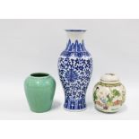 Chinese blue and white baluster vase, small famille verte ginger jar and cover and a green glazed