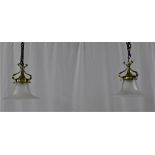 Pair of Art Nouveau style brass and glass ceiling lights, approx. 26cm diameter and 26cm high. (2)
