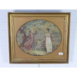 19th century embroidered silk panel depicting two figures at a well, framed under glass, size