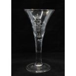 George VI etched glass coronation goblet, trumpet-shaped bowl with teardrop stem, 26cm.