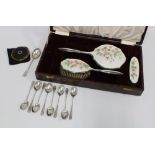 Early 20th century Epns and enamel three piece dressing table brush set by Adie Brothers, together