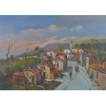 Continental School, Hillside Village, oil on canvas, signed indistinctly and framed under glass,