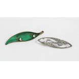 Vintage silver and green enamel Lily of the Valley brooch together with a silver swans brooch 7cm