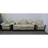 Mahogany framed lounge suite comprising a two seater settee and pair of matching armchairs, with