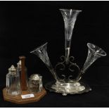 Epns and glass epergne, glass claret jug with pewter hinged lid and a three piece glass and Epns