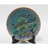 Early 20th century cloisonné plate, blue ground with bird and flowers pattern, 18cm.
