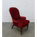 Late 19th / early 20th century buttonback armchair with red velvet upholstery and mahogany les