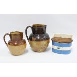 T.G Green Cornish Ware blue and white pottery salt box, 11cm high, and two Royal Doulton Tavern jugs