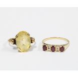 9ct gold ruby and diamond dress ring, size Q, and another dress ring with a claw set oval citrine on