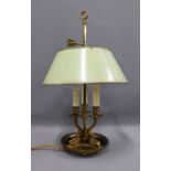 Georgian style brass table lamp with dolphins around a central pillar, metal shade, 57cm
