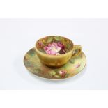 Royal Worcester handpainted cabinet cup and saucer with rose and gilded interior, marked Twin (2)