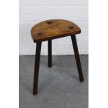 Rustic oak three leg stool, with solid demi lune top, 51 x 33 x 25cm