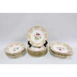 19th century English porcelain dessert service, handpainted with flowers with an ivory and gilt