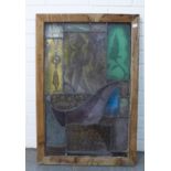 Stained glass panel depicting a fisherman and fish, 79 x 53cm