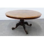 Victorian burr walnut tilt top loo table with an oval quarter veneered top with moulded edge,