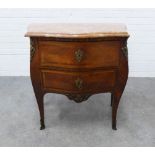 French Louis XV style kingwood commode, the serpentine marble top above two drawers, raised on