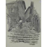 Continental School. pencil drawing of a man climbing steps, signed indistinctly and dated 1963,