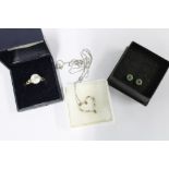9ct gold topaz dress ring, pair of 9ct white gold emerald and diamond stud earrings and a 9ct