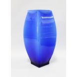 A large contemporary blue glass vase of square form, 33cm.