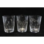 Three early 20th century etched glass beakers, signed H. Gordon and dated 1948 (3) 10cm.