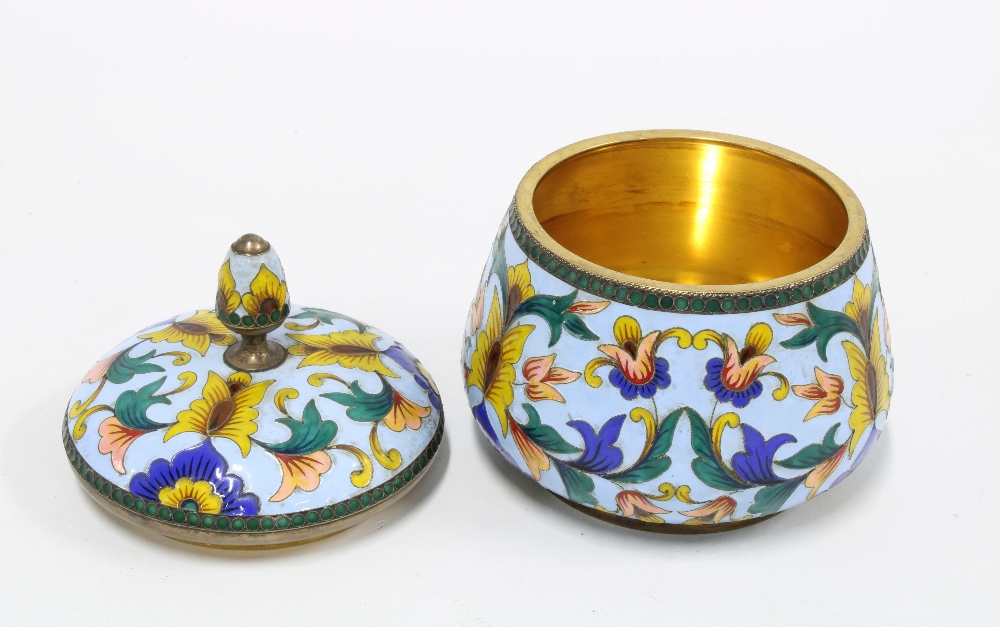 Russian silver gilt and enamel jar and cover, with floral pattern, stamped 916 and with a makers - Image 2 of 3