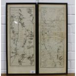 18th century Aberdeen road maps in two double side frames to include Aberdeen to Alford and Banff,