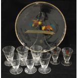 A set of six cockerel etched glasses and a circular glass tray and two matching glasses with painted