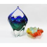 Czech blue, green and clear glass basket / vase, and a Murano glass dish (2) 29cm.