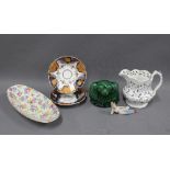 Mixed lot to include a bisque figure, Staffordshire green glazed spaniel, chintz dish, clover jug