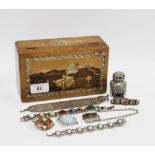 Collection of costume jewellery contained within an abalone inlaid box together with a novelty Owl