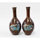 A pair of Japanese cloisonné vases with bird of paradise and flowers pattern (2) 16cm.