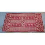 Mid 20th century Moroccan embroidered Kilim, red field with ivory patterned panels and borders,