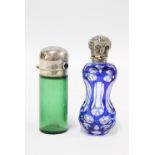 Victorian silver mounted and green glass scent bottle, Birmingham 1898 and a blue flashed glass