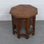 Eastern style hardwood and brass inlaid octagonal side table with folding base, 41 x 41cm