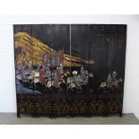 Large Chinese lacquered six fold screen / room divider, the panels painted with figures on horseback