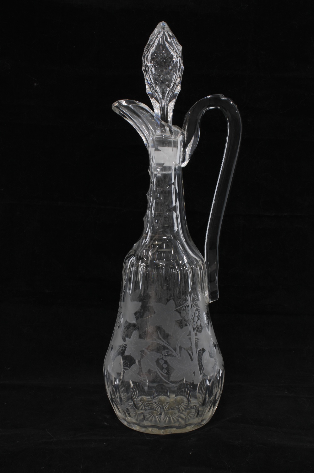 Amber glass triple ring neck decanter and stopper with etched acorn leaf pattern, a fruit and vine - Image 4 of 4