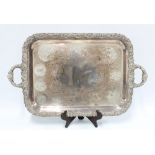 Large, good quality silver plate on copper tray, rectangular with rococo style border and handles,