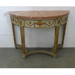 George III style demi lune consol table with red marble / hardstone top, the cream painted frieze